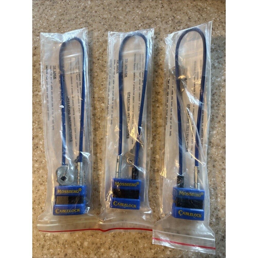 3 NEW Mossberg Cable Lock, Gun Firearm Lock, Blue, w/ Instructions & 2 Keys